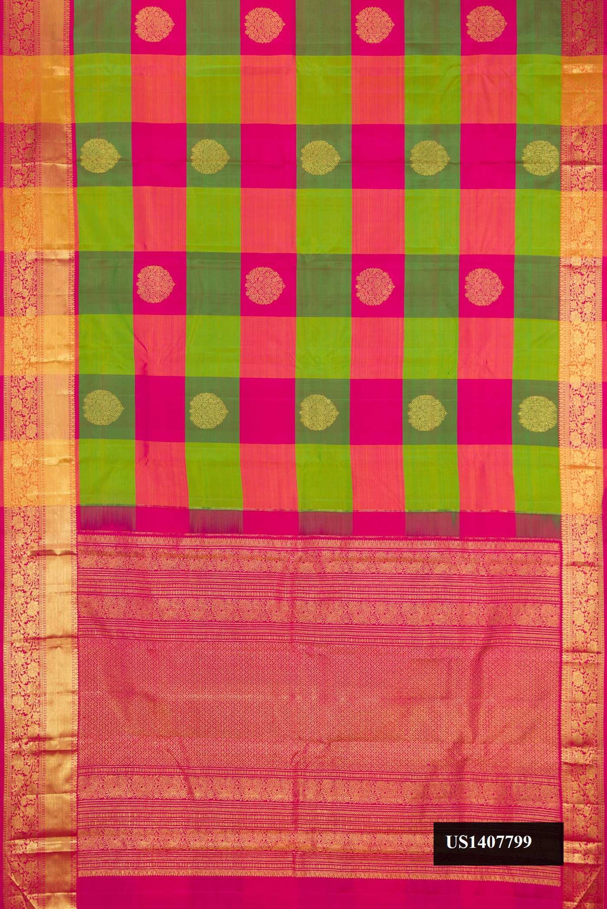 Multi Dual Tone Kanchipuram Silk Saree with Checked design on the body and Zari Border.  displayed on a mannequin