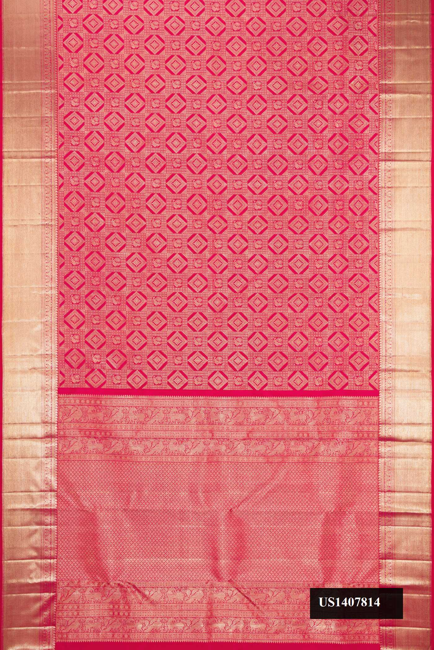 Dark Pink Dual Tone Kanchipuram Silk Saree with Zari Brocade on the body and Zari Border.  displayed on a mannequin
