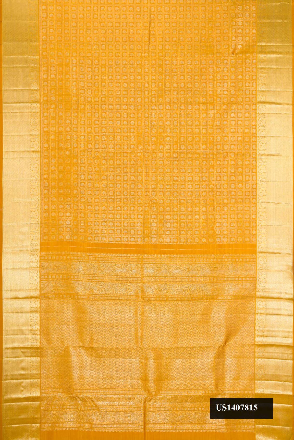 Mustard Dual Tone Kanchipuram Silk Saree with Zari Brocade on the body and Zari Border.  displayed on a mannequin