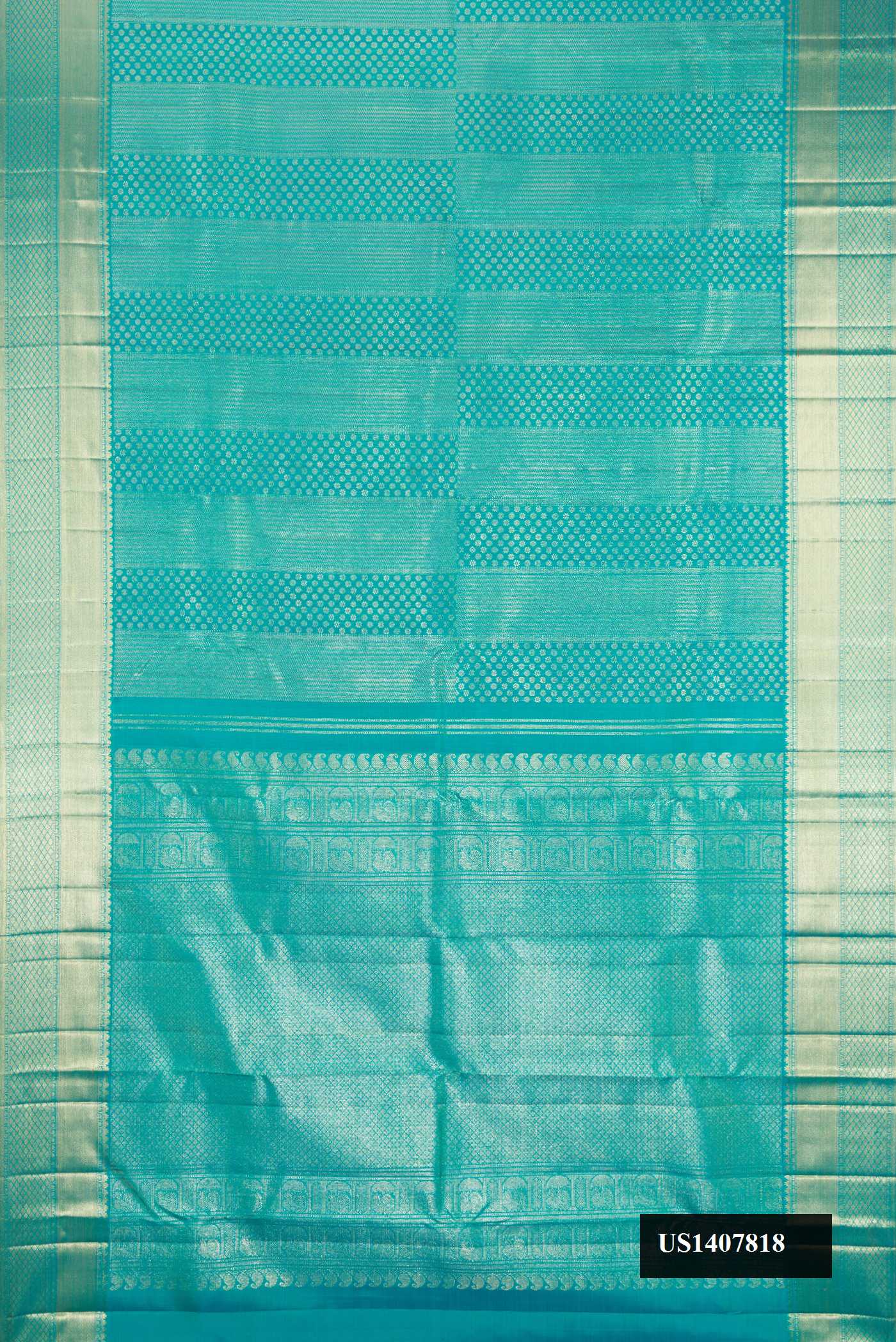Sea Green Dual Tone Kanchipuram Silk Saree with Zari Brocade on the body and Zari Border.  displayed on a mannequin