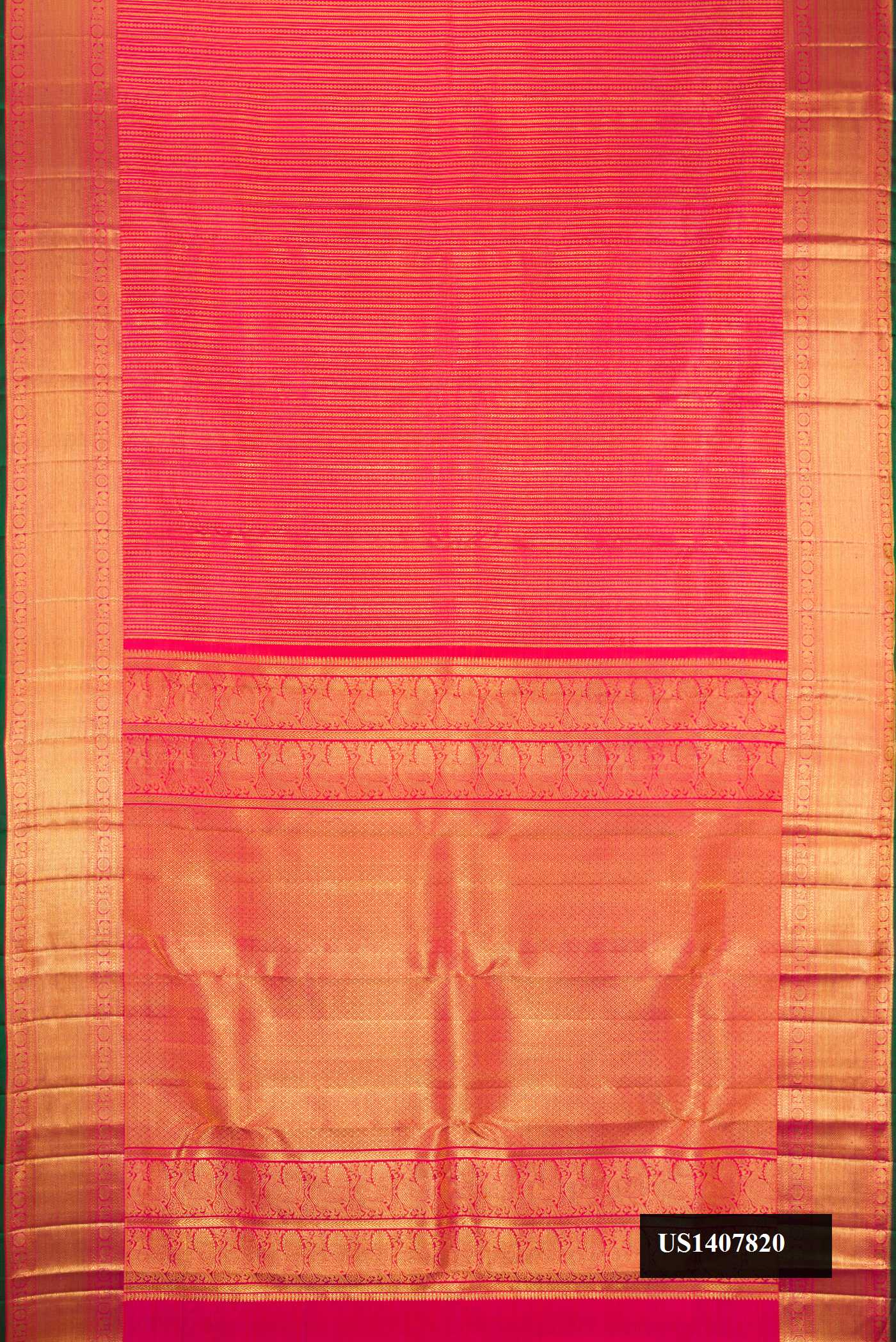 Coral Dual Tone Kanchipuram Silk Saree with Zari Brocade on the body and Zari Border.  displayed on a mannequin