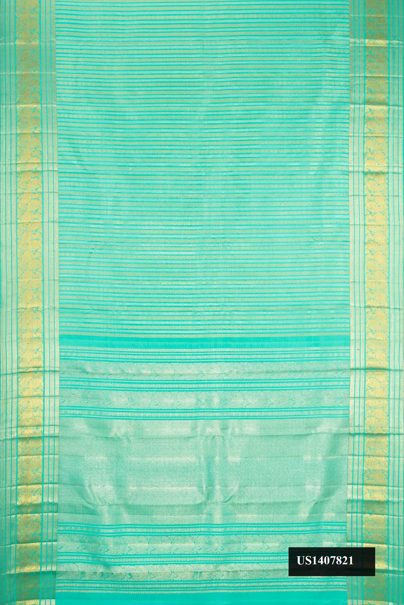 Sea Green Dual Tone Kanchipuram Silk Saree with Zari Brocade on the body and Zari Border.  displayed on a mannequin