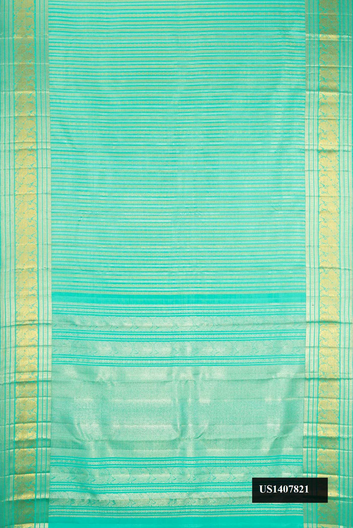 Sea Green Dual Tone Kanchipuram Silk Saree with Zari Brocade on the body and Zari Border.  displayed on a mannequin