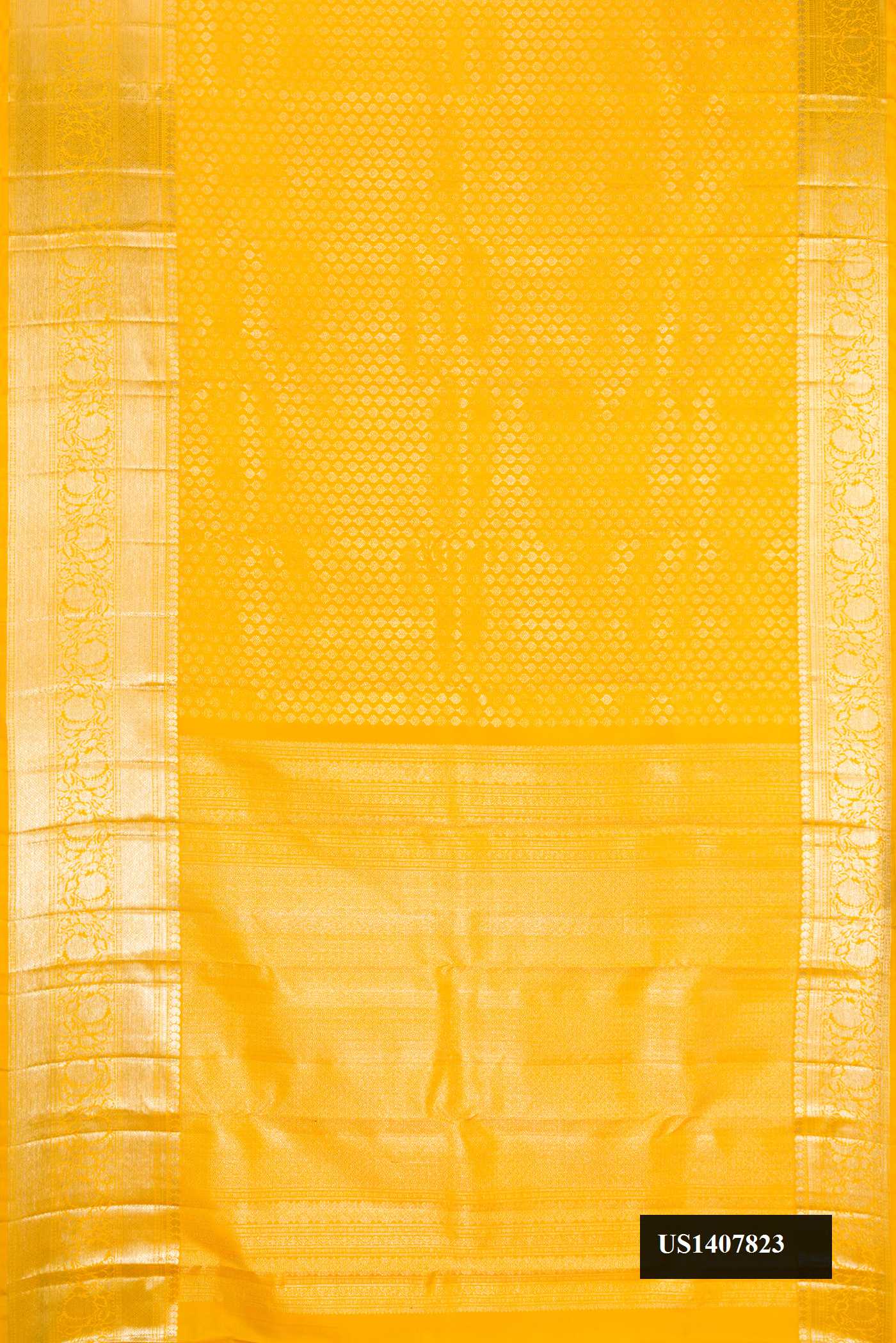 Yellow Dual Tone Kanchipuram Silk Saree with Zari Brocade on the body and Zari Border.  displayed on a mannequin