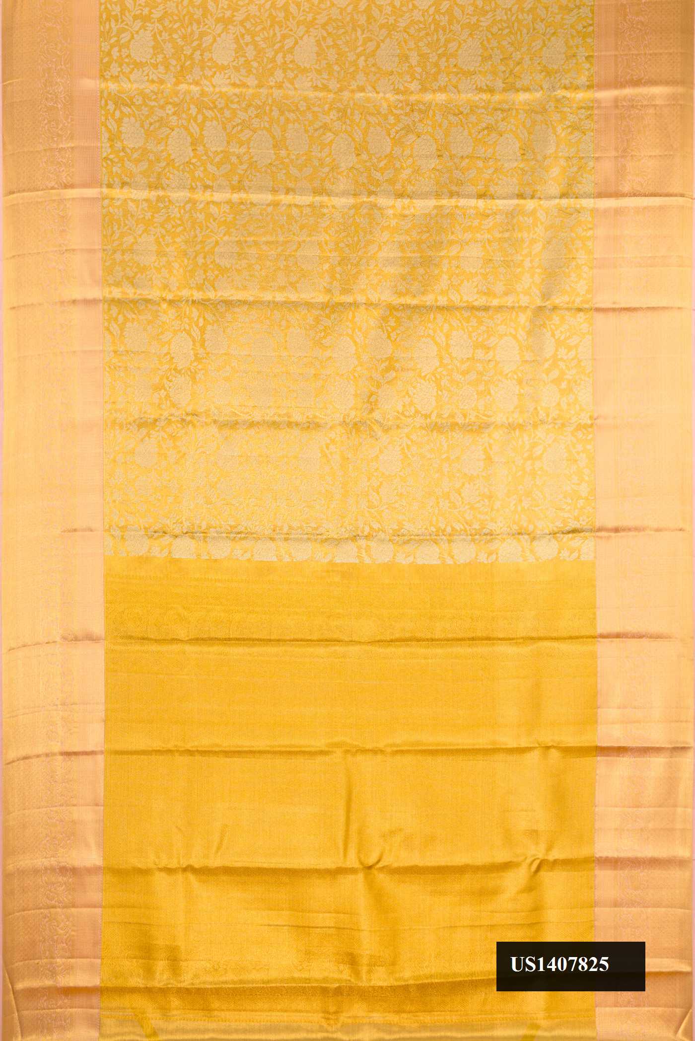 Gold Dual Tone Kanchipuram Tissue Silk Saree with Zari Brocade on the body and Zari Border.  displayed on a mannequin