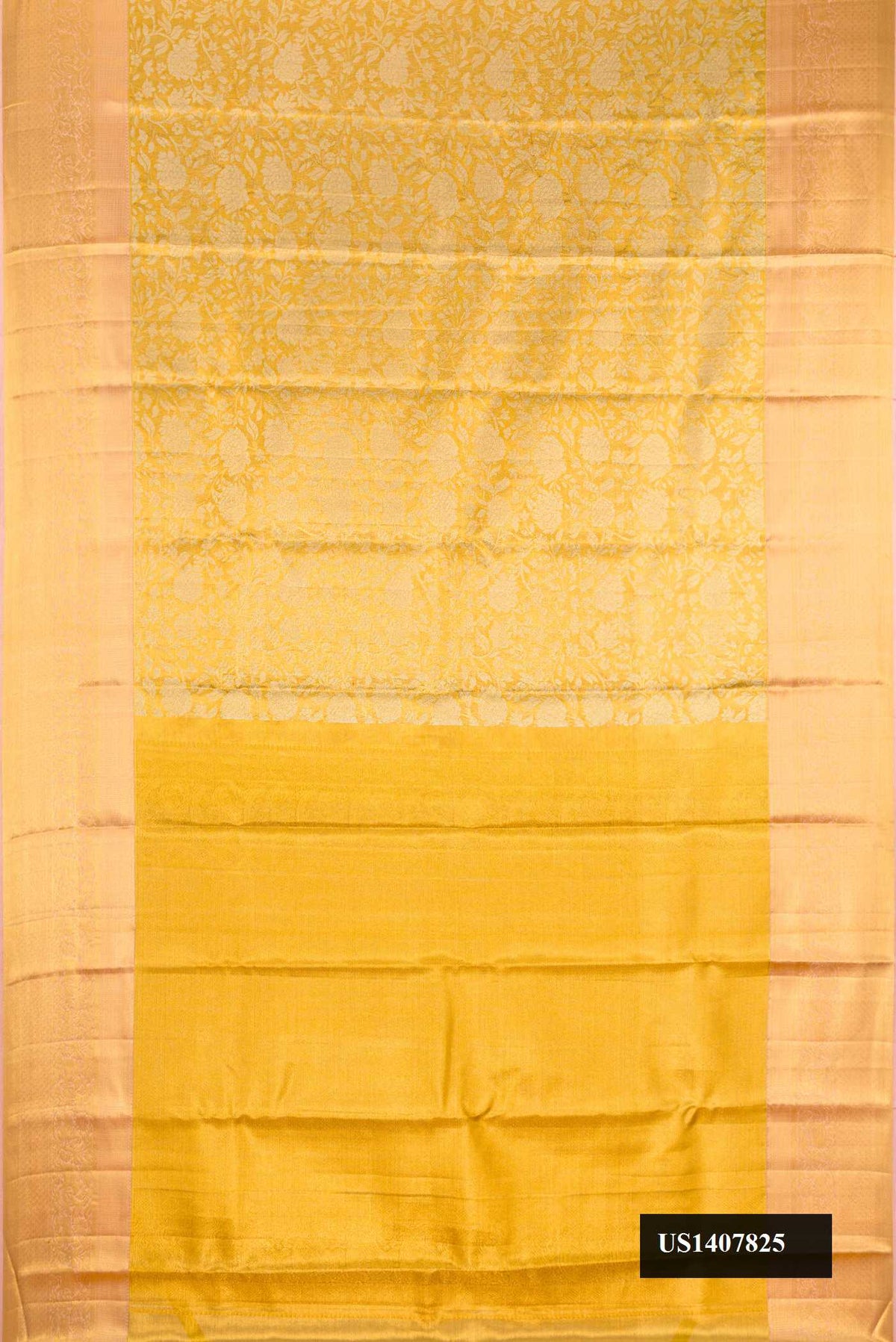Gold Dual Tone Kanchipuram Tissue Silk Saree with Zari Brocade on the body and Zari Border.  displayed on a mannequin