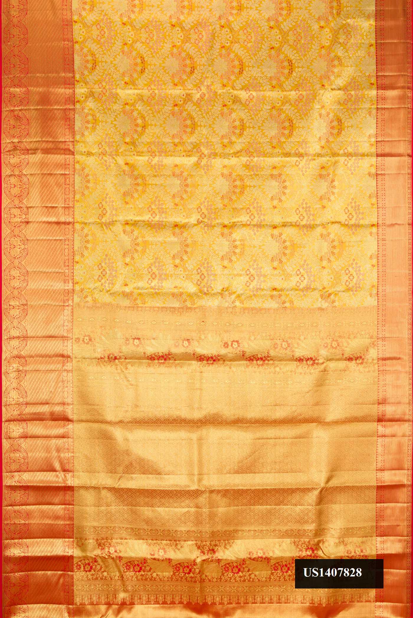 Gold Dual Tone Kanchipuram Tissue Silk Saree with Zari Brocade on the body and Zari Border.  displayed on a mannequin