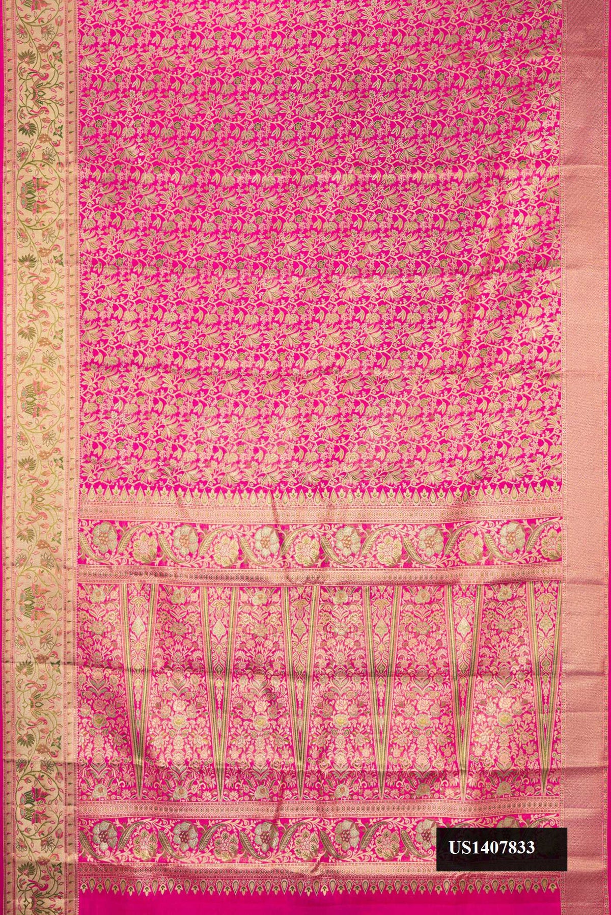 Pink Dual Tone Kanchipuram Tissue Silk Saree with Zari Brocade on the body and Fancy Border.  displayed on a mannequin