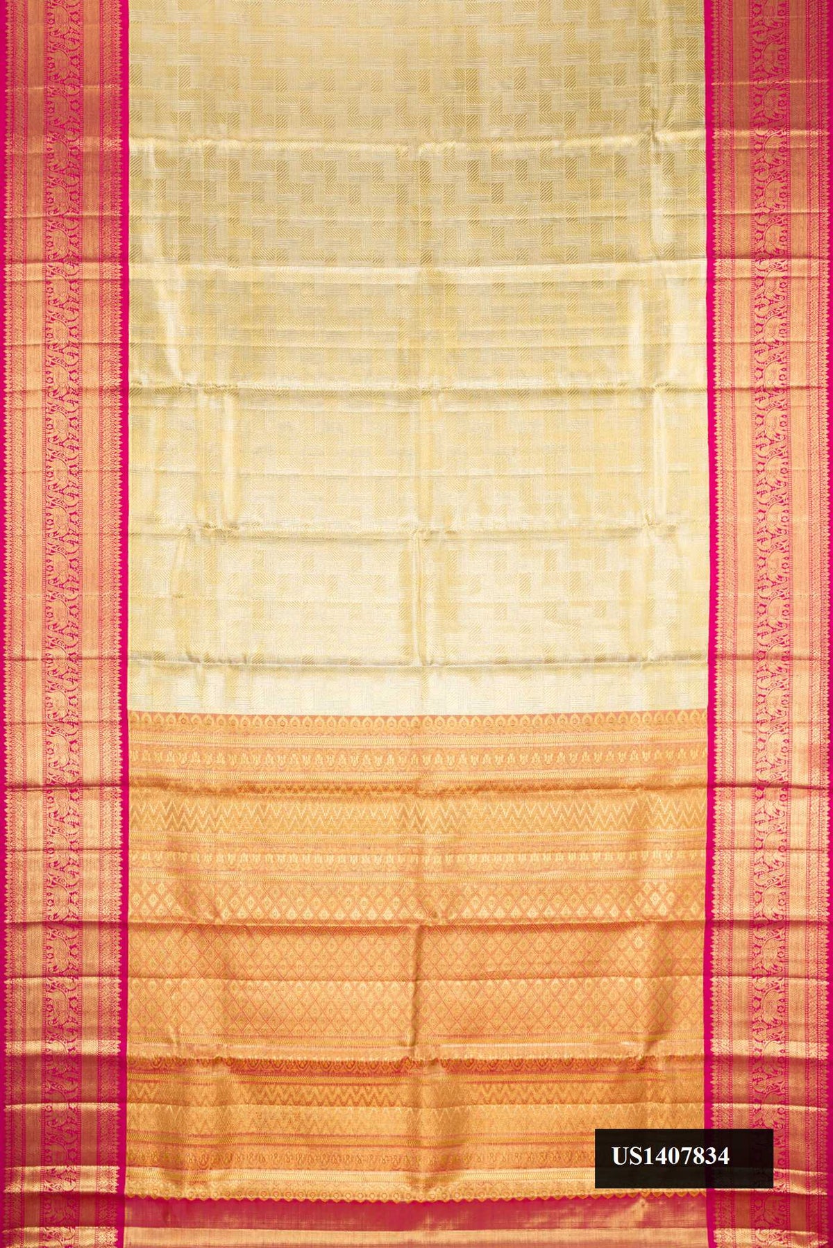 Gold Dual Tone Kanchipuram Tissue Silk Saree with Zari Brocade on the body and Zari Border.  displayed on a mannequin