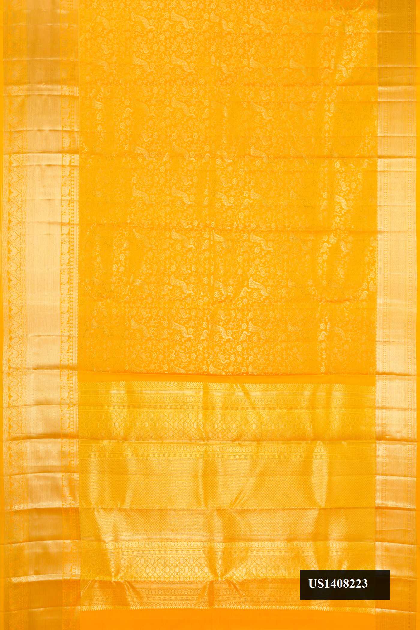 Yellow Dual Tone Kanchipuram Silk Saree with Zari Brocade on the body and Zari Border.  displayed on a mannequin
