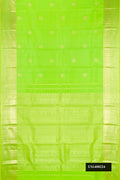 Parrot Green Dual Tone Kanchipuram Silk Saree with Zari Butta on the body and Zari Border.  displayed on a mannequin