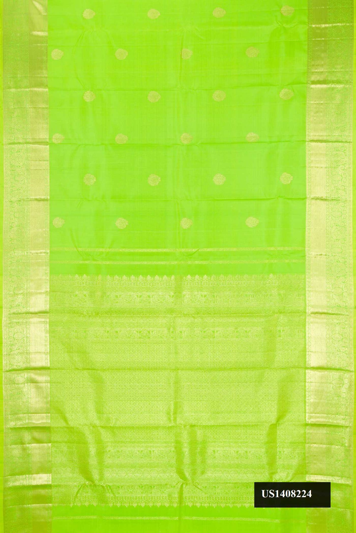 Parrot Green Dual Tone Kanchipuram Silk Saree with Zari Butta on the body and Zari Border.  displayed on a mannequin