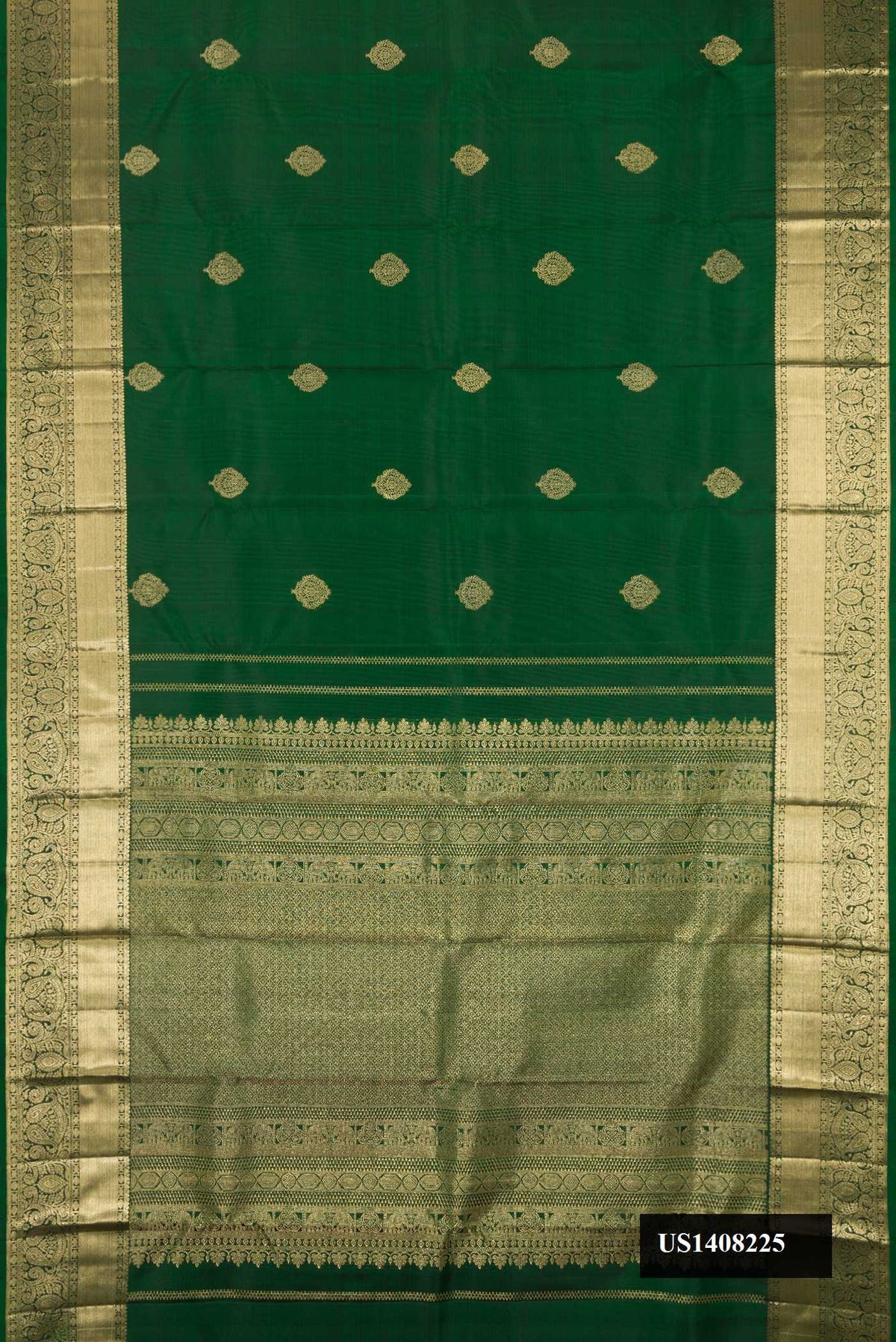 Bottle Green Dual Tone Kanchipuram Silk Saree with Zari Butta on the body and Zari Border.  displayed on a mannequin