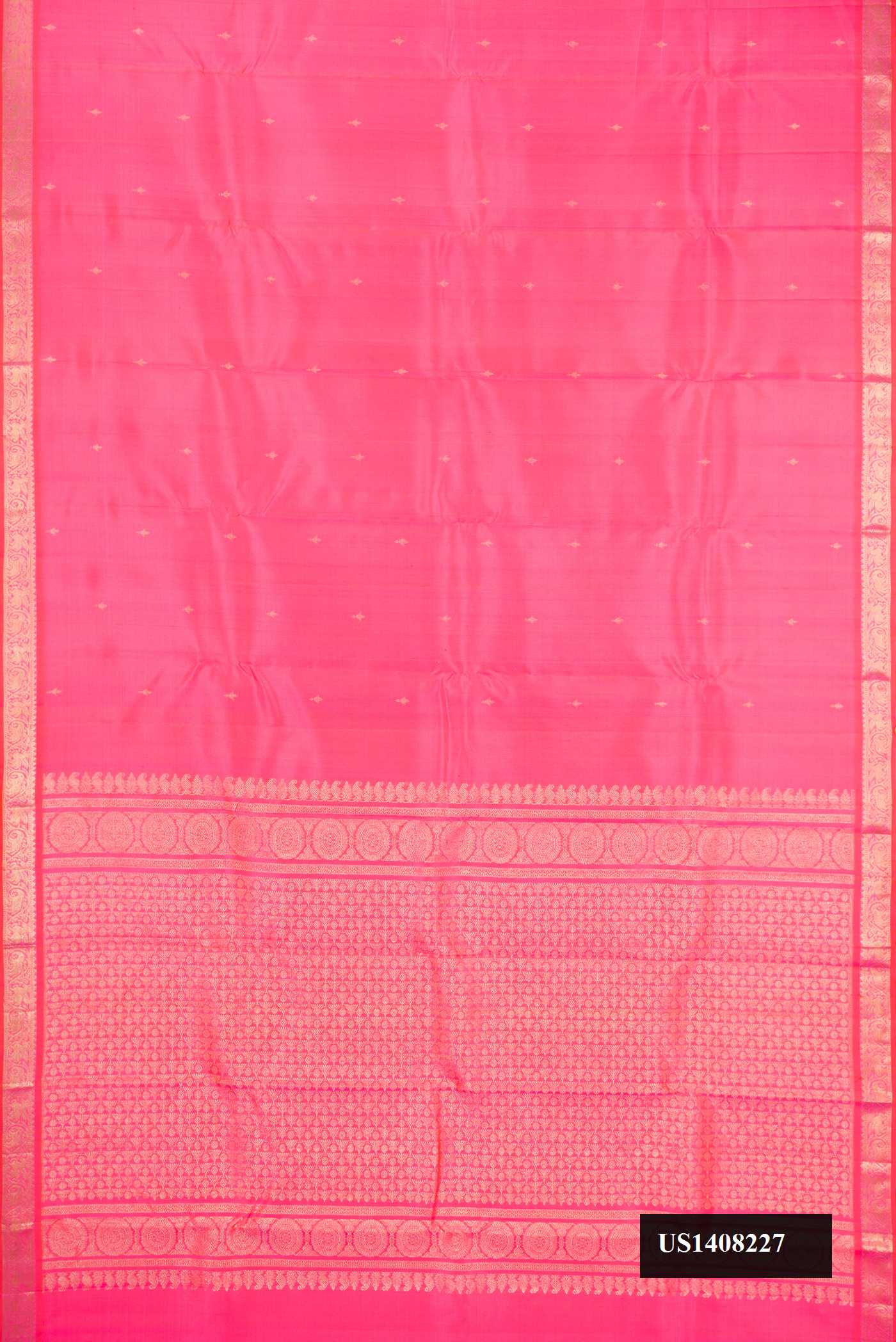 Pink Dual Tone Kanchipuram Silk Saree with Zari Butta on the body and Zari Border.  displayed on a mannequin
