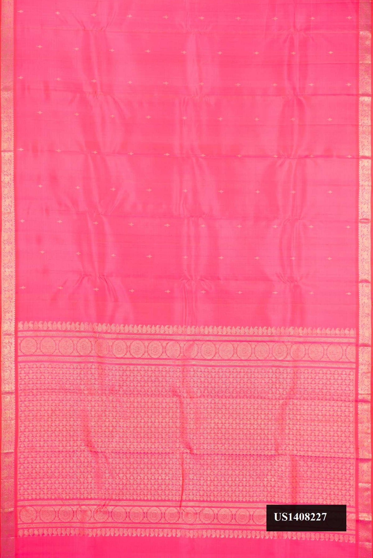 Pink Dual Tone Kanchipuram Silk Saree with Zari Butta on the body and Zari Border.  displayed on a mannequin