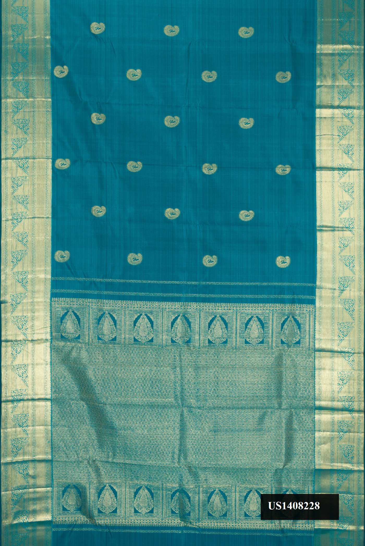 Peacock Blue Dual Tone Kanchipuram Silk Saree with Zari Butta on the body and Zari Border.  displayed on a mannequin