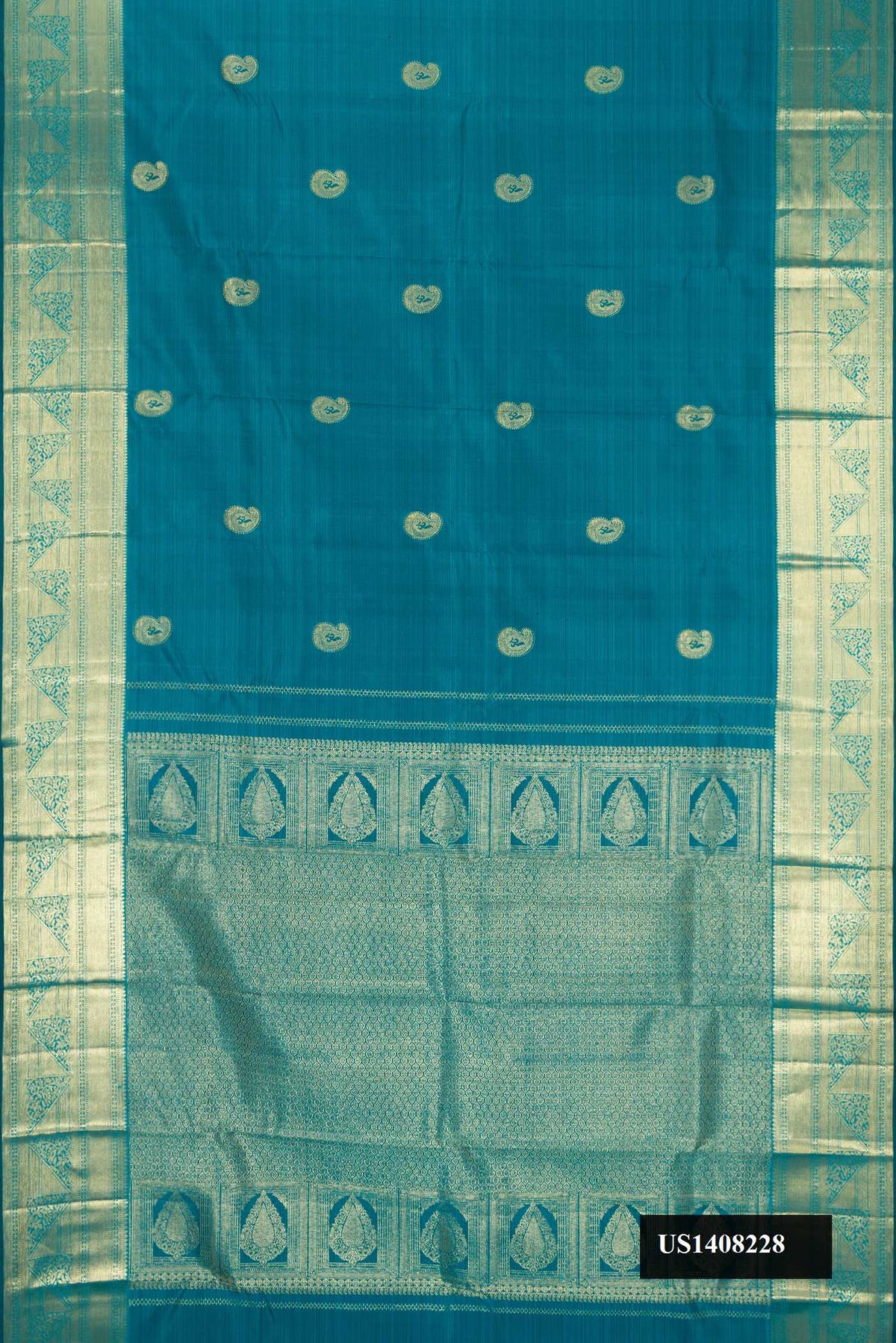 Peacock Blue Dual Tone Kanchipuram Silk Saree with Zari Butta on the body and Zari Border.  displayed on a mannequin