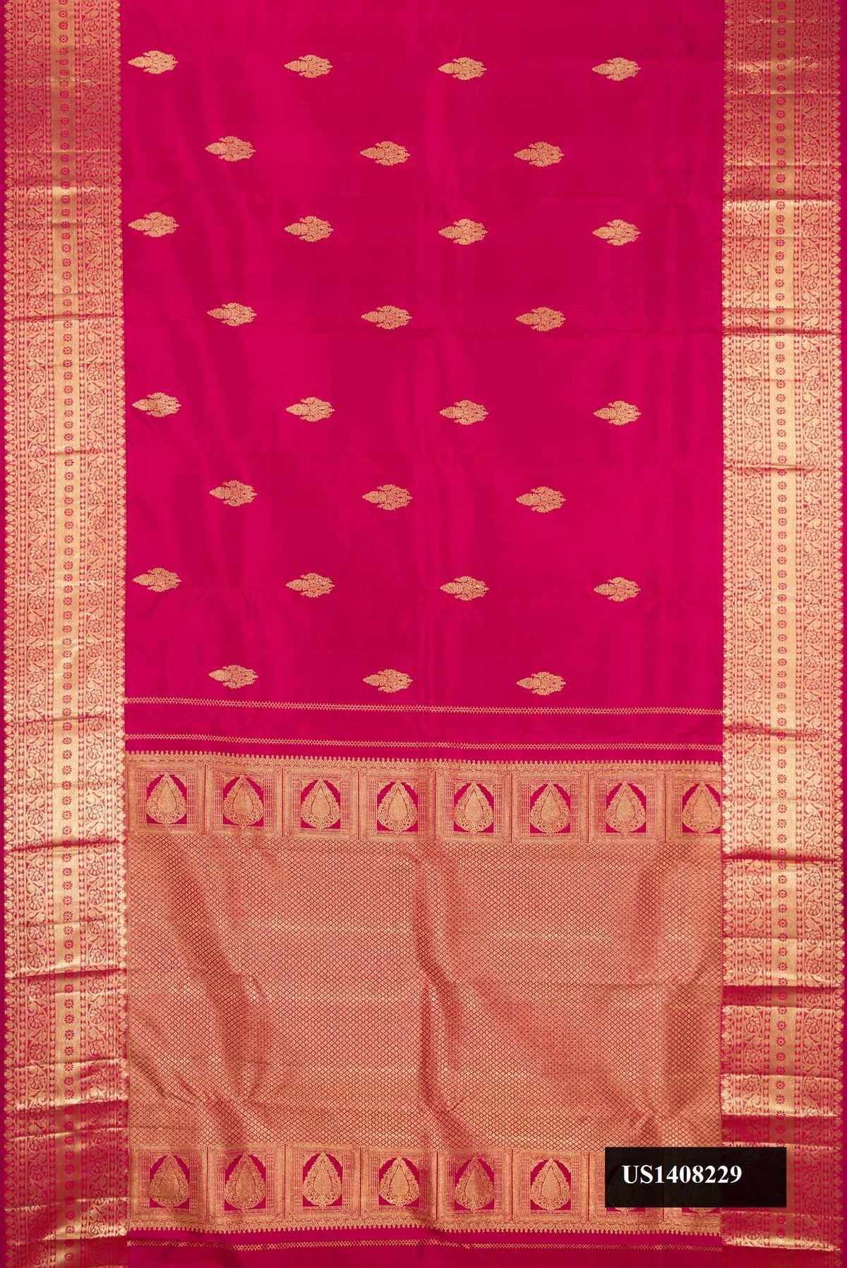 Dark Pink Dual Tone Kanchipuram Silk Saree with Zari Butta on the body and Zari Border.  displayed on a mannequin