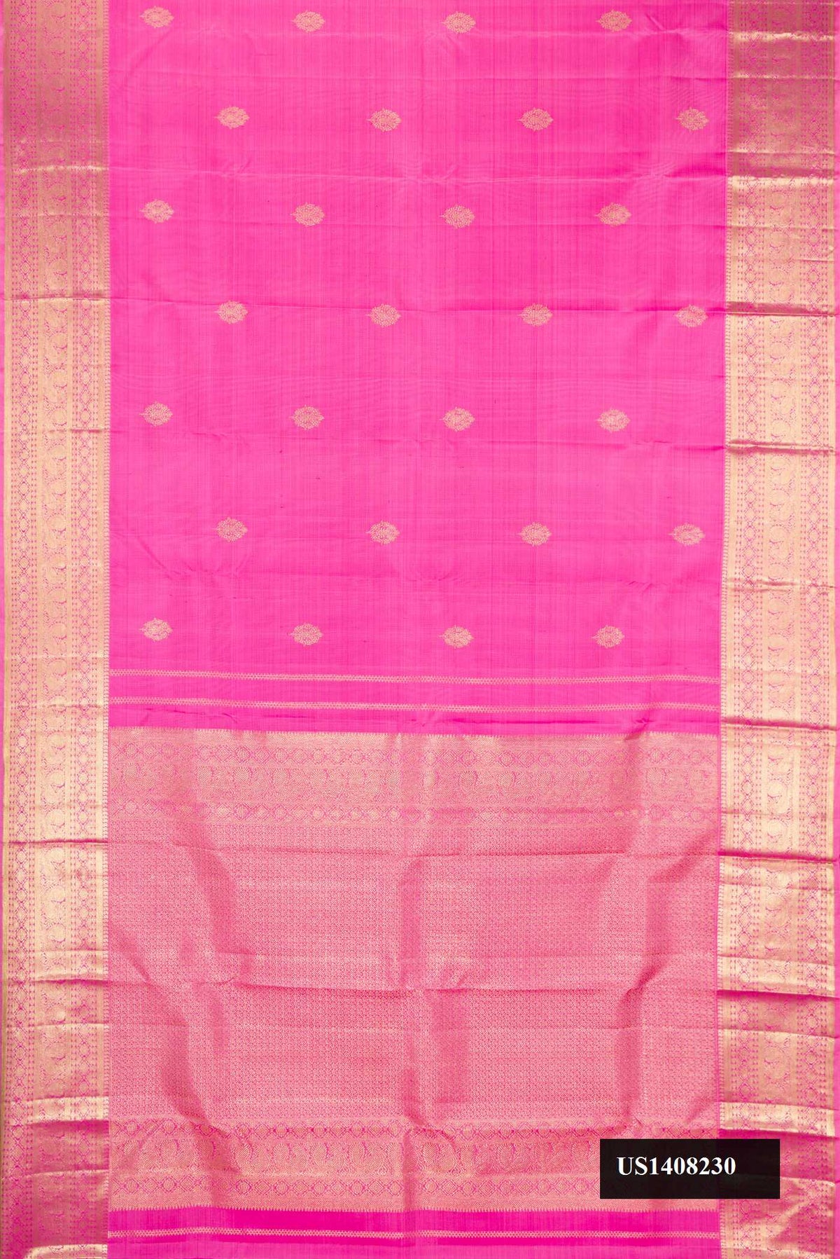 Pink Dual Tone Kanchipuram Silk Saree with Zari Butta on the body and Zari Border.  displayed on a mannequin
