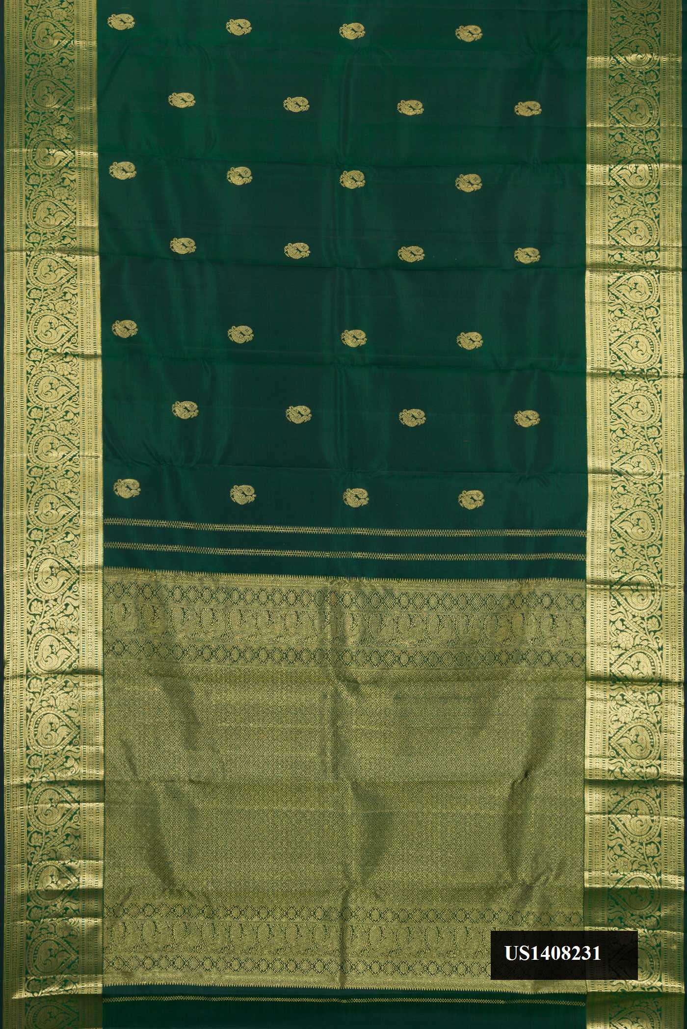 Bottle Green Dual Tone Kanchipuram Silk Saree with Zari Butta on the body and Zari Border.  displayed on a mannequin
