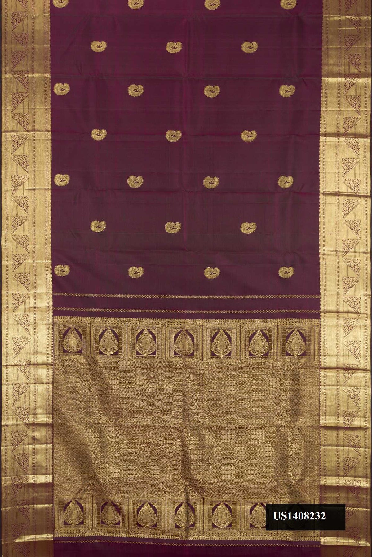 Burgundy Dual Tone Kanchipuram Silk Saree with Zari Butta on the body and Zari Border.  displayed on a mannequin