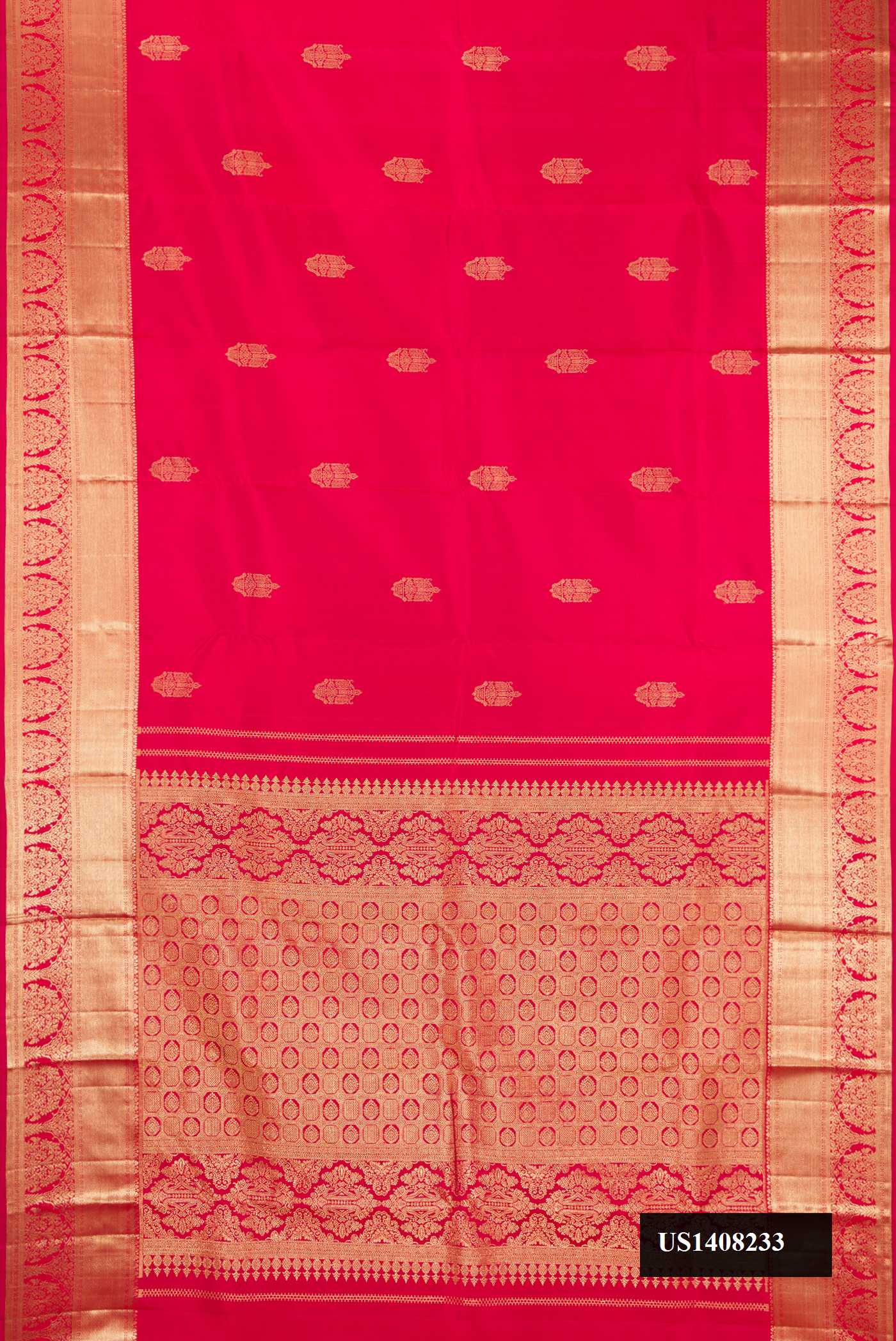 Dark Pink Dual Tone Kanchipuram Silk Saree with Zari Butta on the body and Zari Border.  displayed on a mannequin