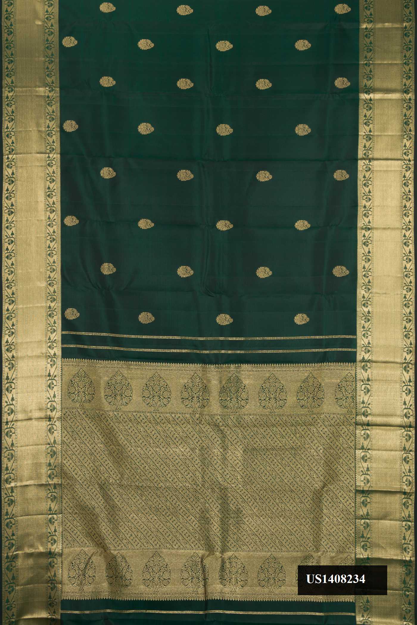 Bottle Green Dual Tone Kanchipuram Silk Saree with Zari Butta on the body and Zari Border.  displayed on a mannequin