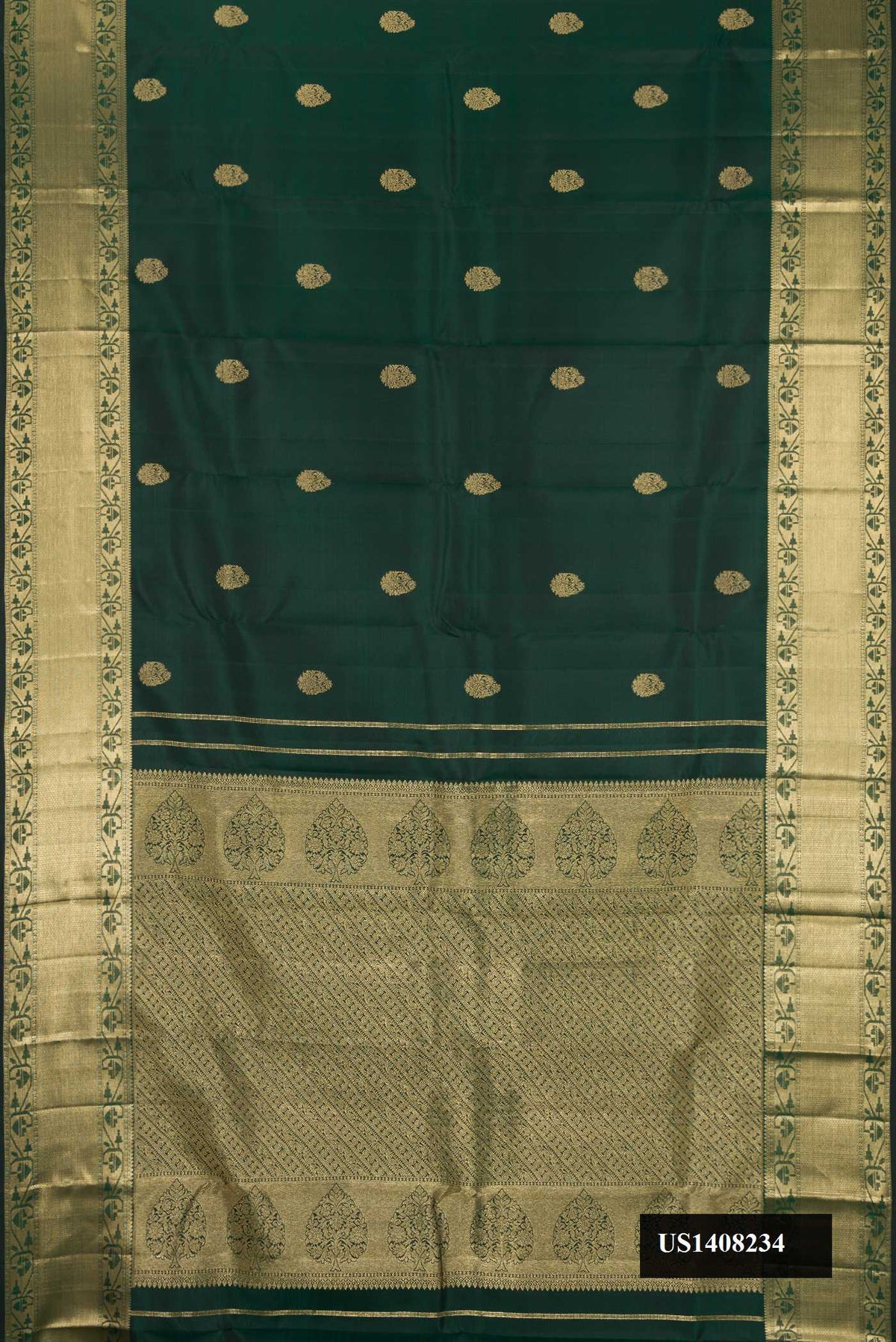 Bottle Green Dual Tone Kanchipuram Silk Saree with Zari Butta on the body and Zari Border.  displayed on a mannequin