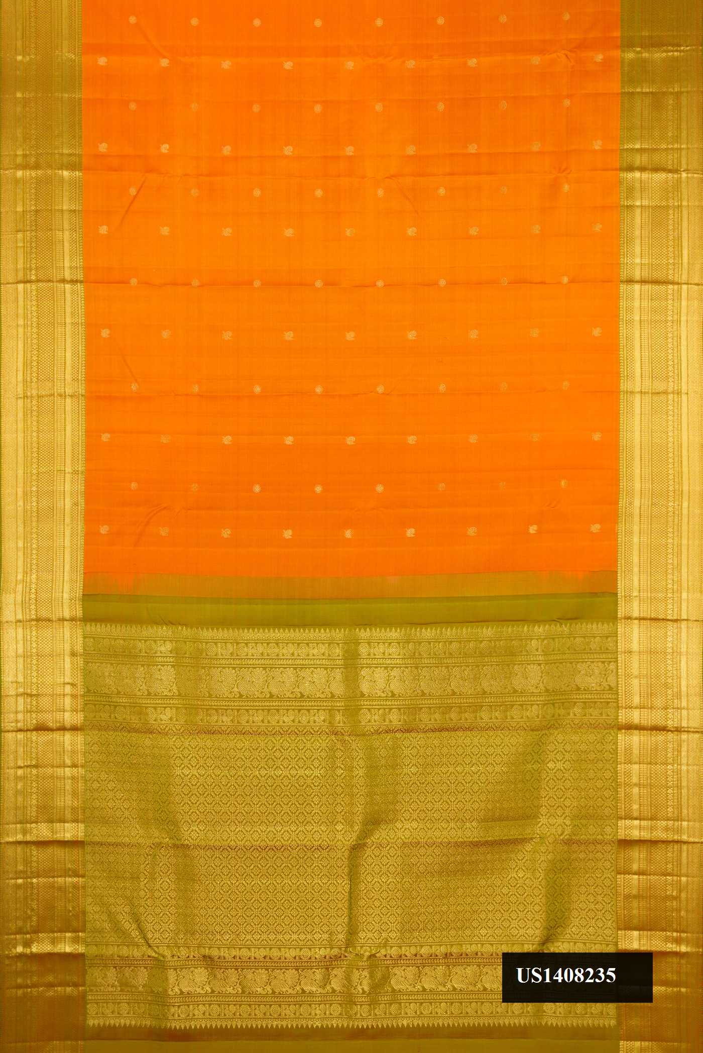 Mustard Dual Tone Kanchipuram Silk Saree with Zari Butta on the body and Zari Border.  displayed on a mannequin