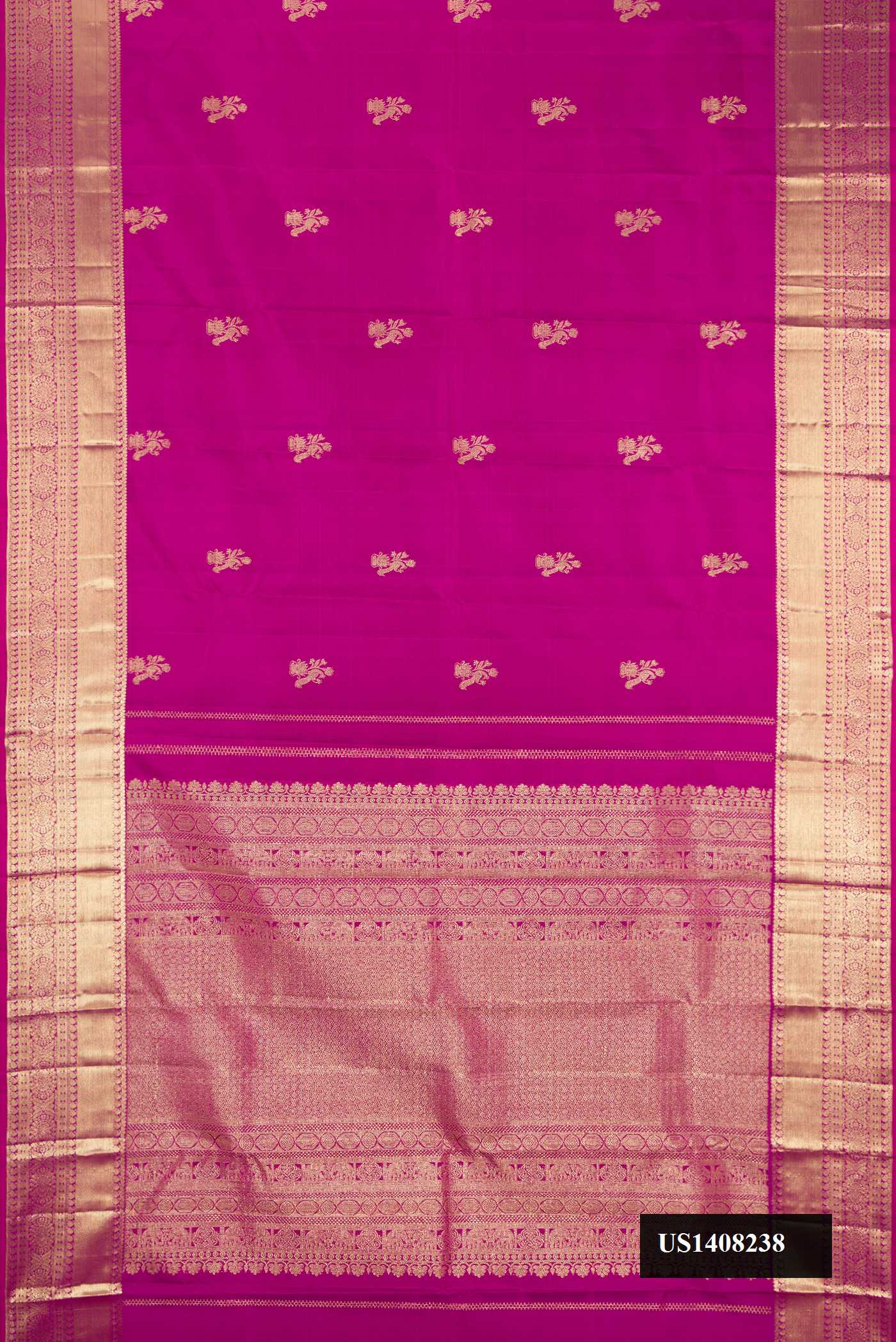 Magenta Dual Tone Kanchipuram Silk Saree with Zari Butta on the body and Zari Border.  displayed on a mannequin