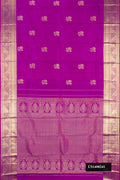 Purple Dual Tone Kanchipuram Silk Saree with Zari Butta on the body and Zari Border.  displayed on a mannequin