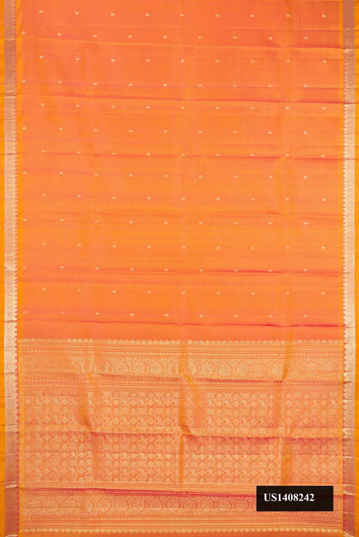 Golden Peach Dual Tone Kanchipuram Silk Saree with Zari Butta on the body and Zari Border.  displayed on a mannequin