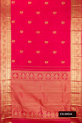 Dark Pink Dual Tone Kanchipuram Silk Saree with Zari Butta on the body and Zari Border.  displayed on a mannequin