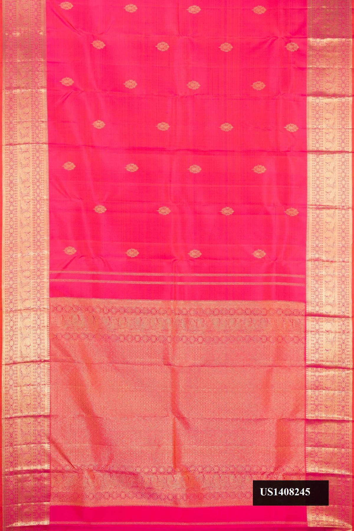 Pink Dual Tone Kanchipuram Silk Saree with Zari Butta on the body and Zari Border.  displayed on a mannequin