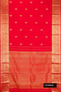 Red Dual Tone Kanchipuram Silk Saree with Zari Butta on the body and Zari Border.  displayed on a mannequin