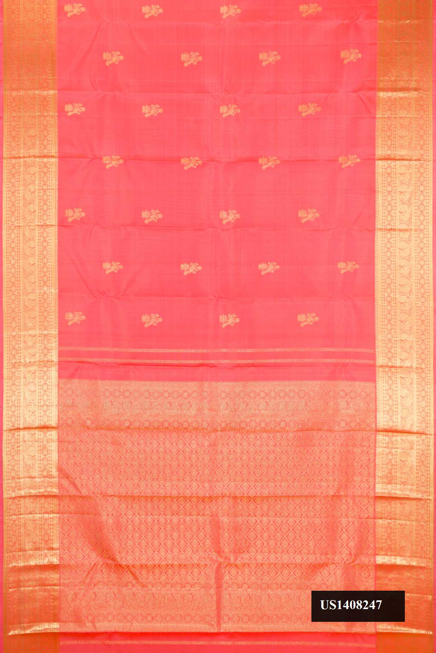 Pink Dual Tone Kanchipuram Silk Saree with Zari Butta on the body and Zari Border.  displayed on a mannequin