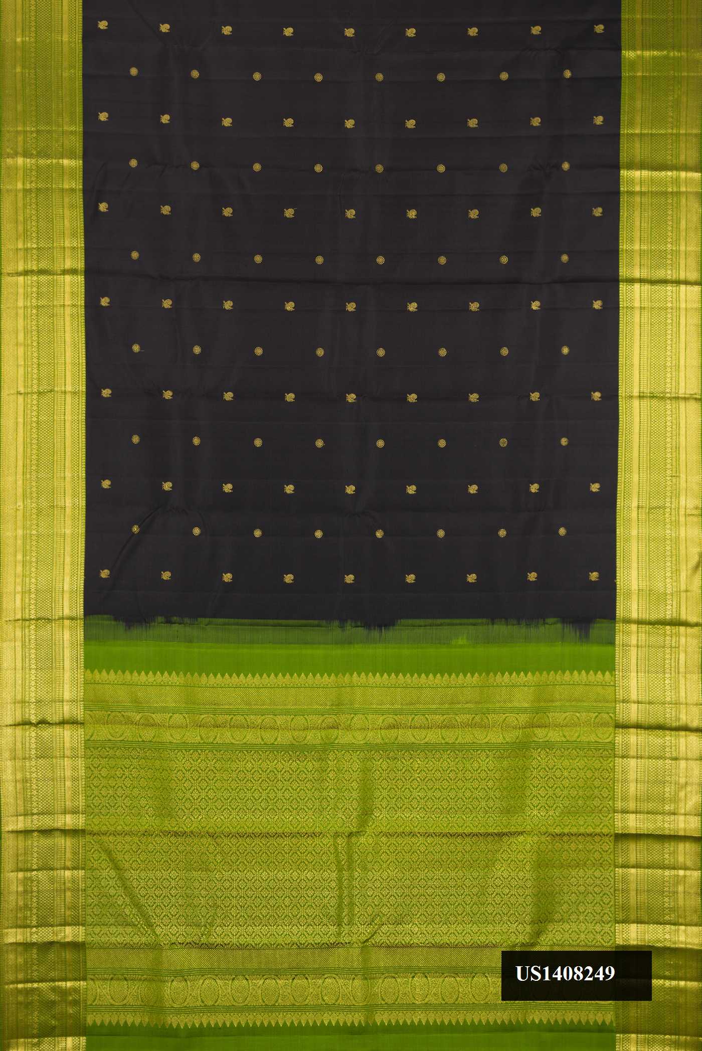 Black Dual Tone Kanchipuram Silk Saree with Zari Butta on the body and Zari Border.  displayed on a mannequin