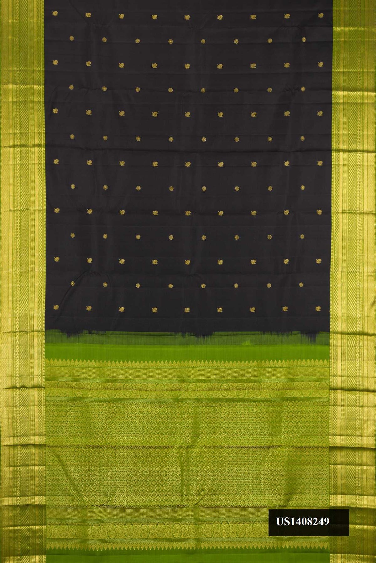 Black Dual Tone Kanchipuram Silk Saree with Zari Butta on the body and Zari Border.  displayed on a mannequin