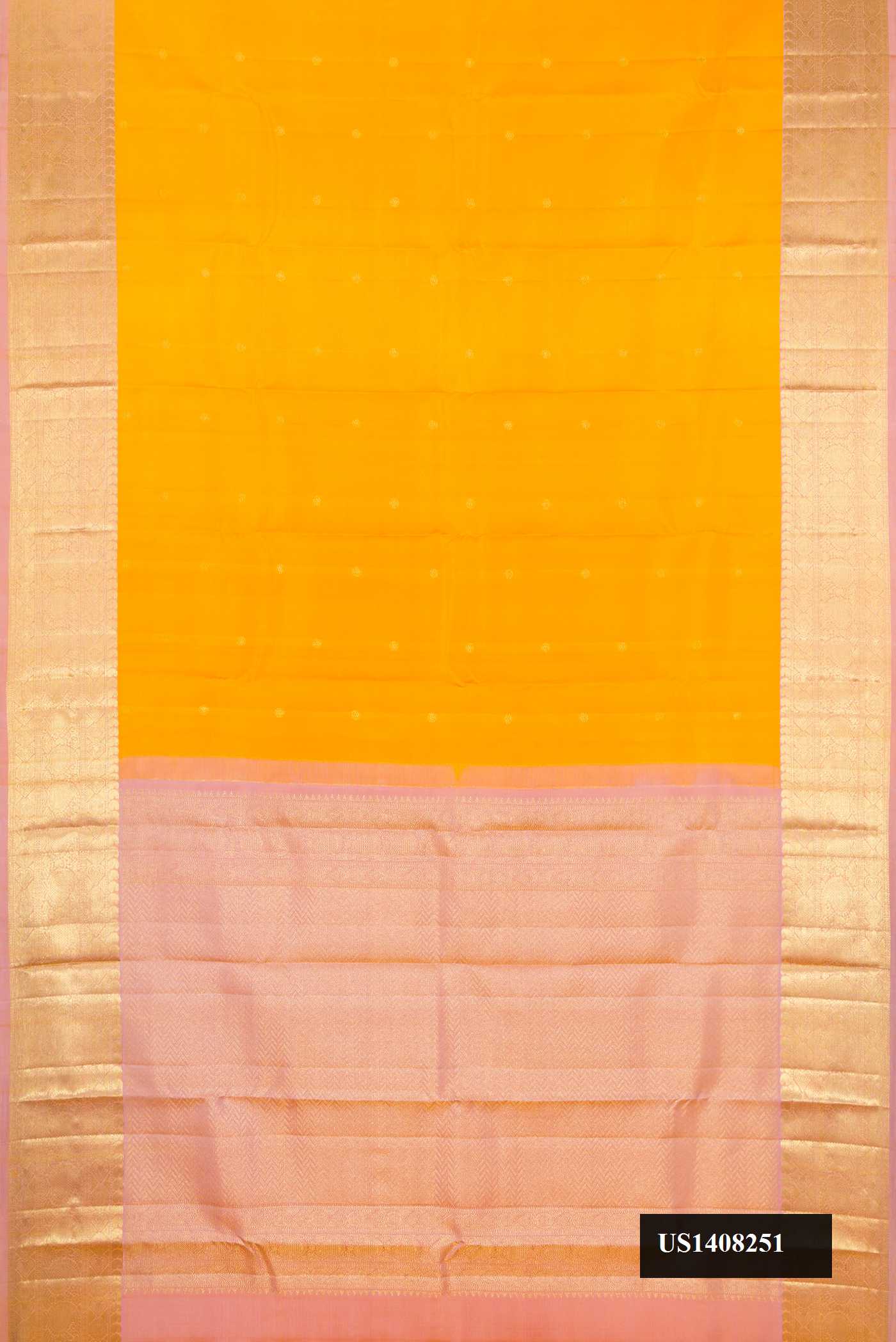 Mustard Dual Tone Kanchipuram Silk Saree with Zari Butta on the body and Zari Border.  displayed on a mannequin