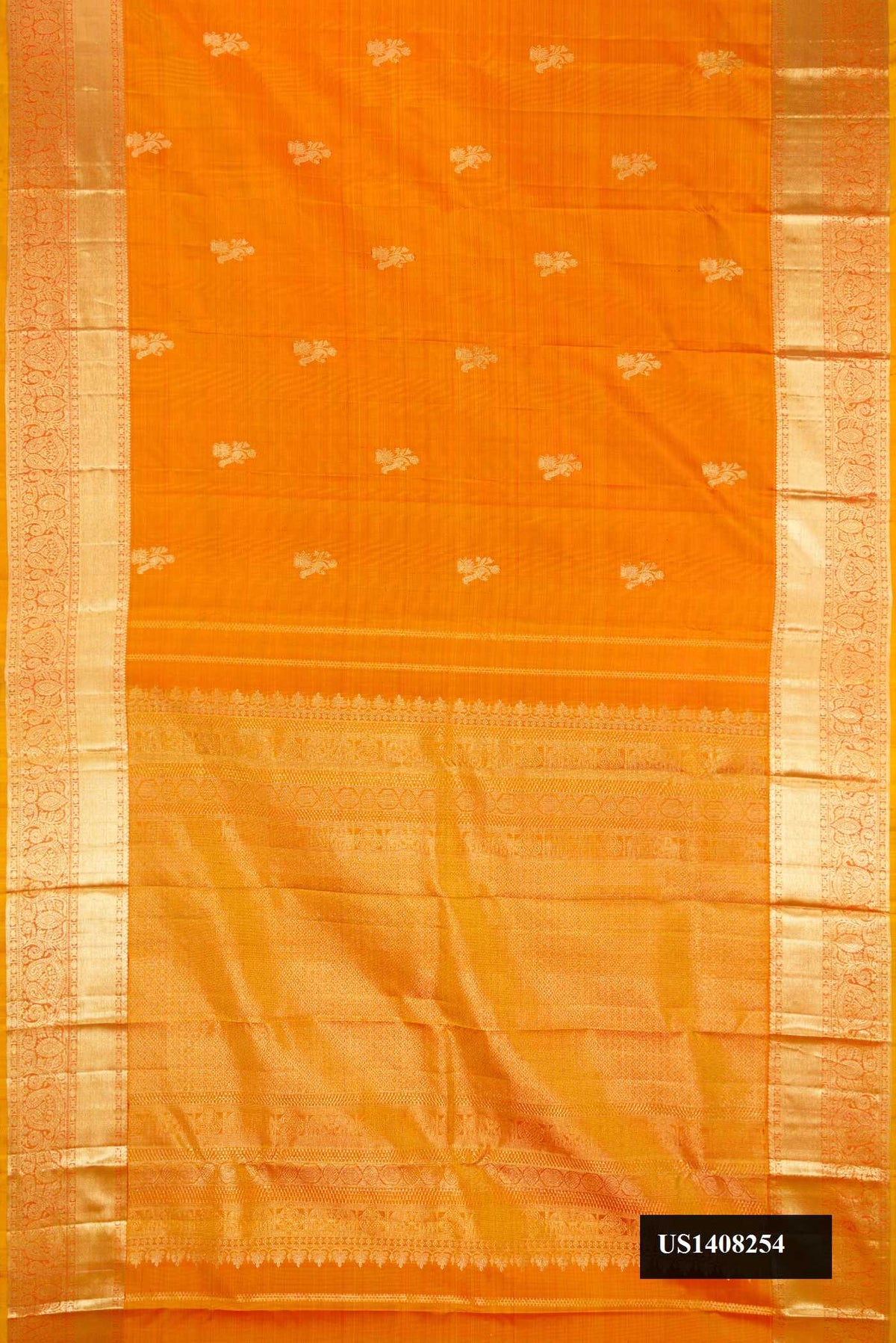 Mustard Dual Tone Kanchipuram Silk Saree with Zari Butta on the body and Zari Border.  displayed on a mannequin