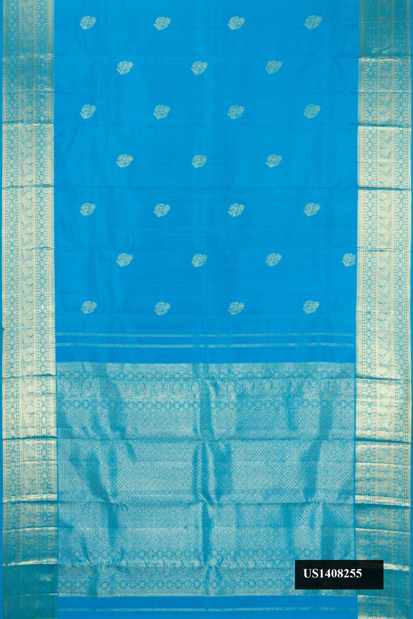 Sky Blue Dual Tone Kanchipuram Silk Saree with Zari Butta on the body and Zari Border.  displayed on a mannequin