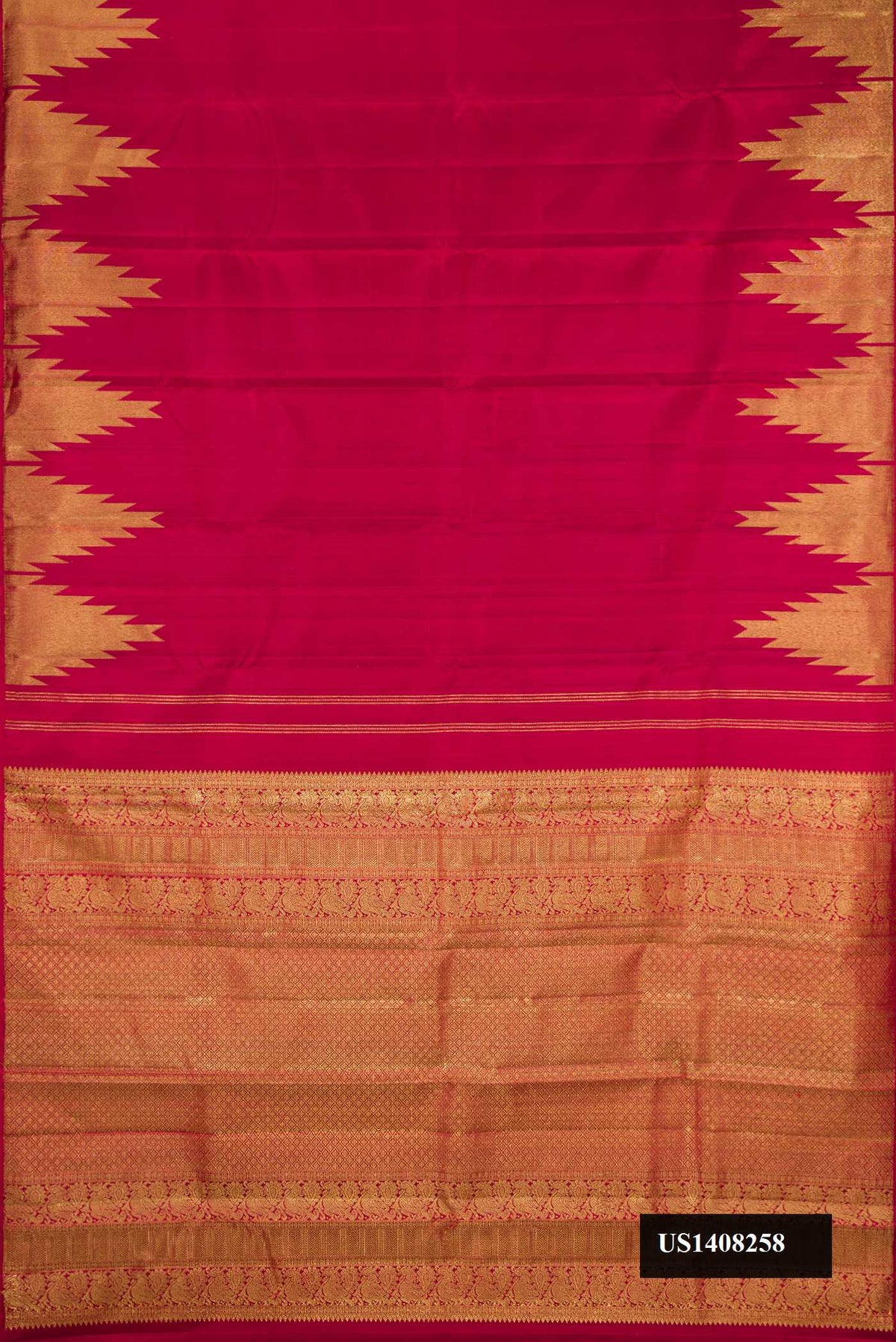 Maroon Dual Tone Kanchipuram Silk Saree with Plain Body and Rising Temple Border.  displayed on a mannequin