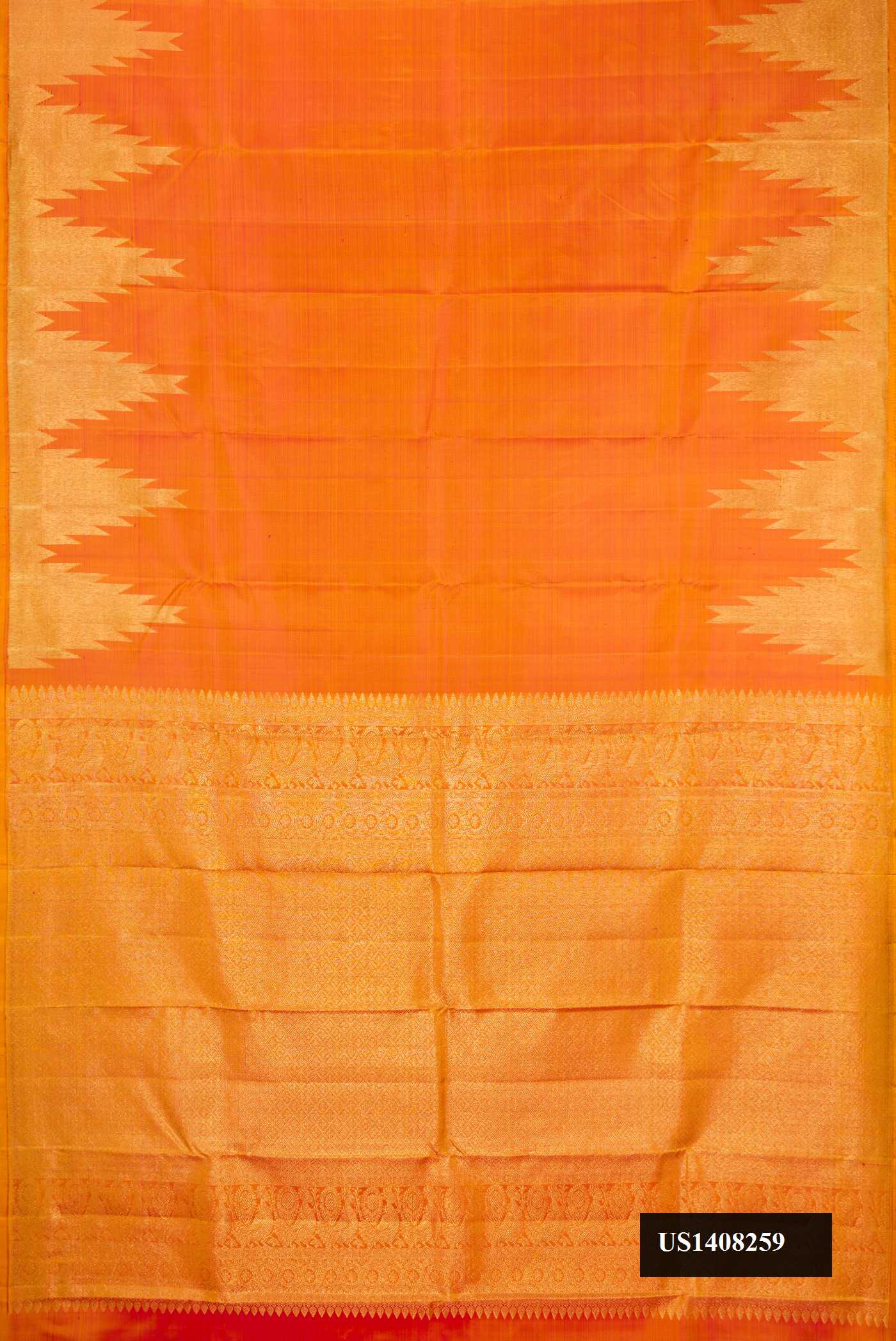 Mustard Dual Tone Kanchipuram Silk Saree with Plain Body and Rising Temple Border.  displayed on a mannequin