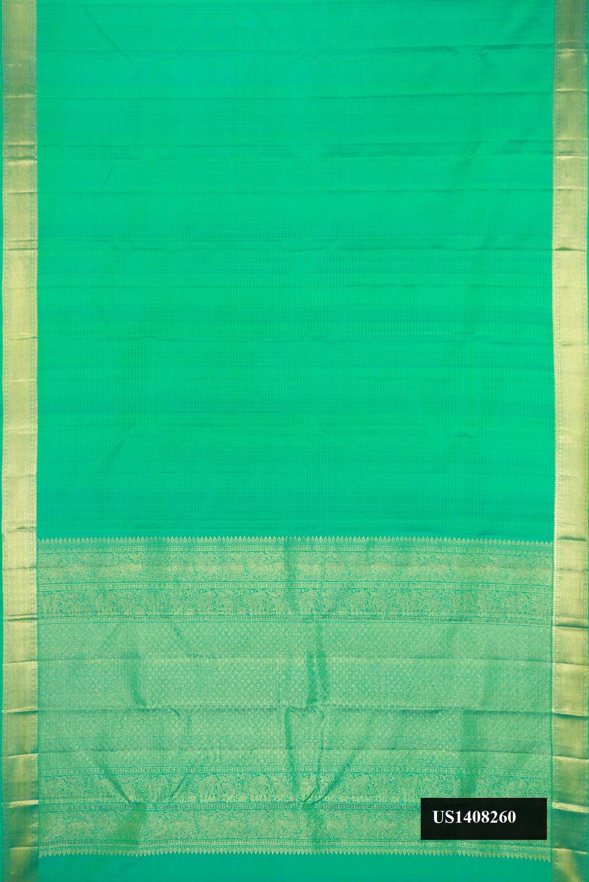 Parrot Green Dual Tone Kanchipuram Silk Saree with Checked design on the body and Zari Border.  displayed on a mannequin
