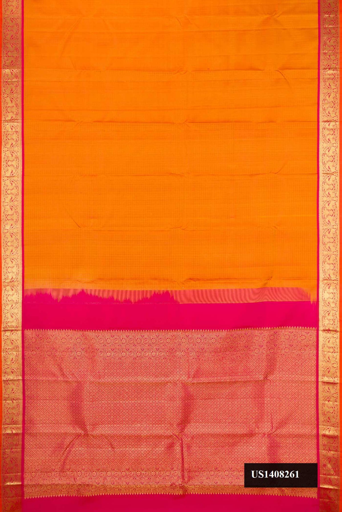 Mustard Dual Tone Kanchipuram Silk Saree with Checked design on the body and Zari Border.  displayed on a mannequin
