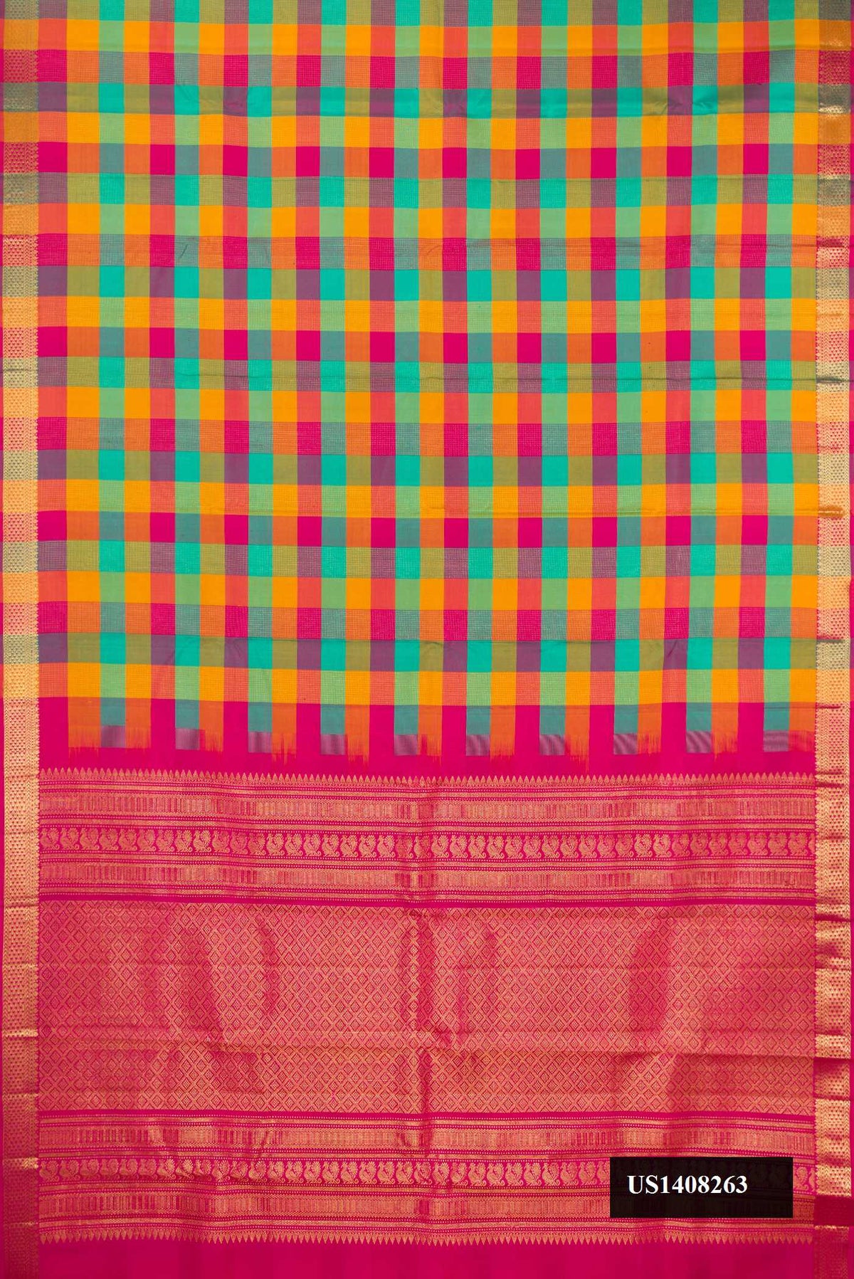 Multi Dual Tone Kanchipuram Silk Saree with Checked design on the body and Zari Border.  displayed on a mannequin