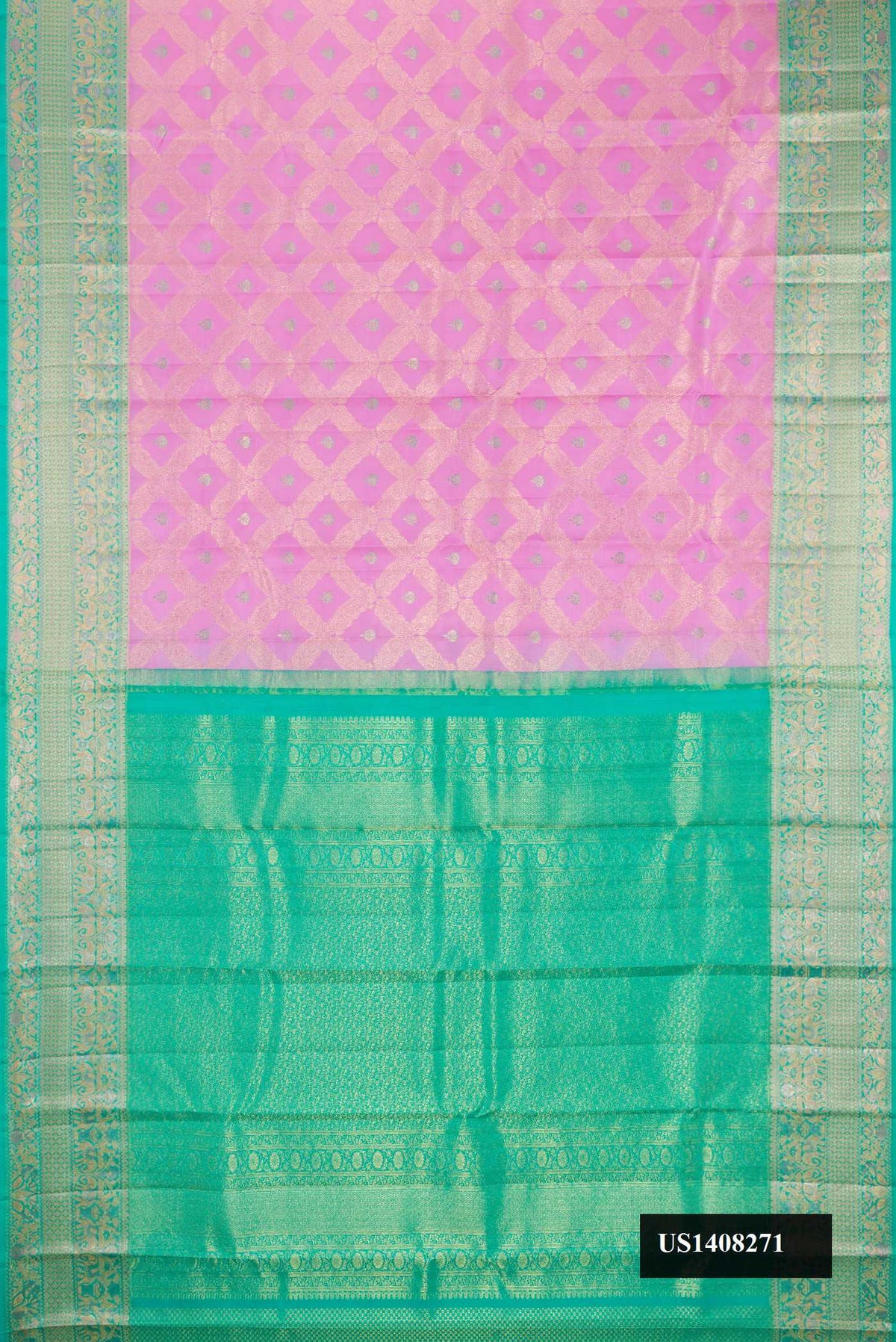 Lavender Dual Tone Kanchipuram Silk Saree with Zari Brocade on the body and Zari Border.  displayed on a mannequin