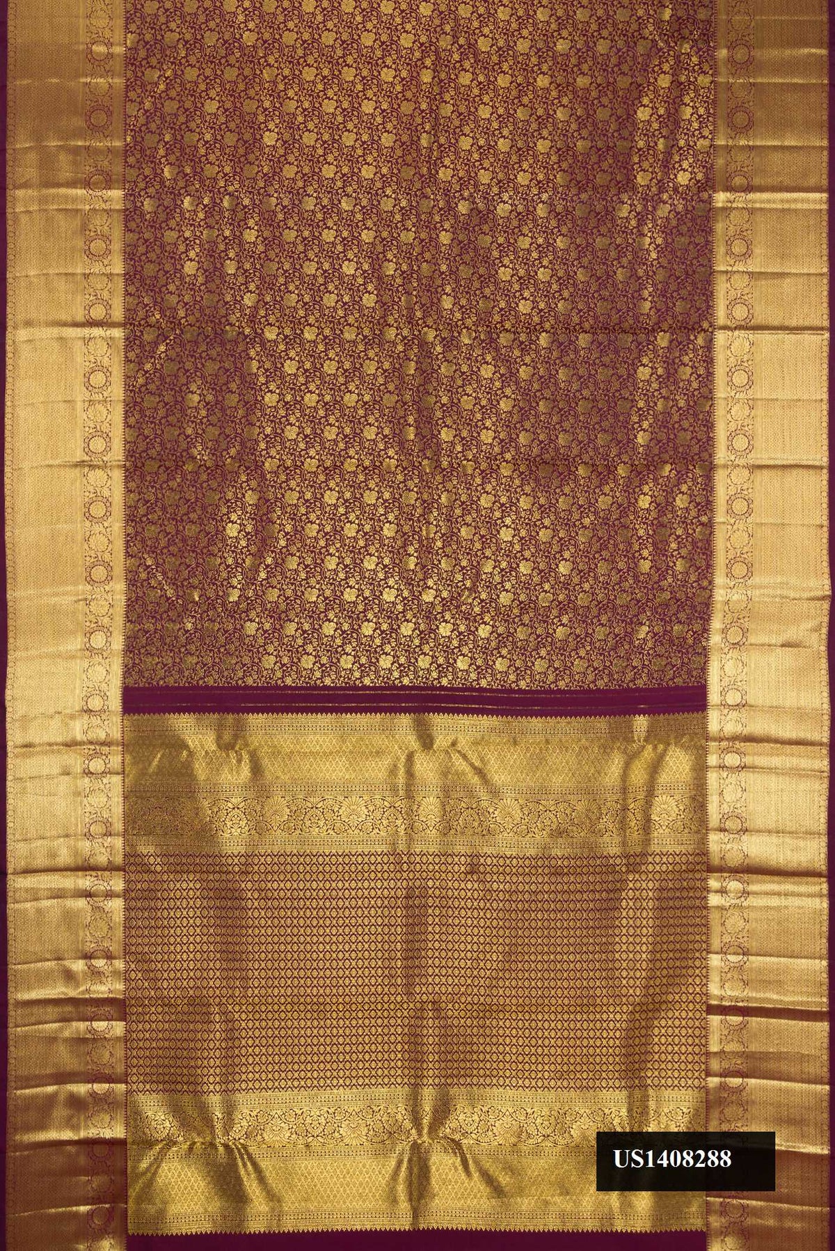 Maroon Dual Tone Kanchipuram Silk Saree with Zari Brocade on the body and Zari Border.  displayed on a mannequin