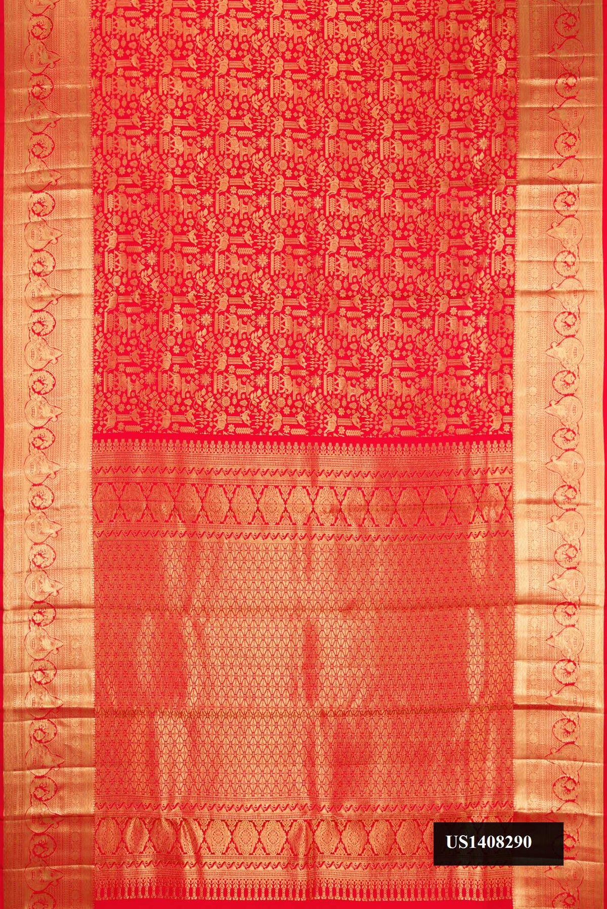 Red Dual Tone Kanchipuram Silk Saree with Zari Brocade on the body and Zari Border.  displayed on a mannequin