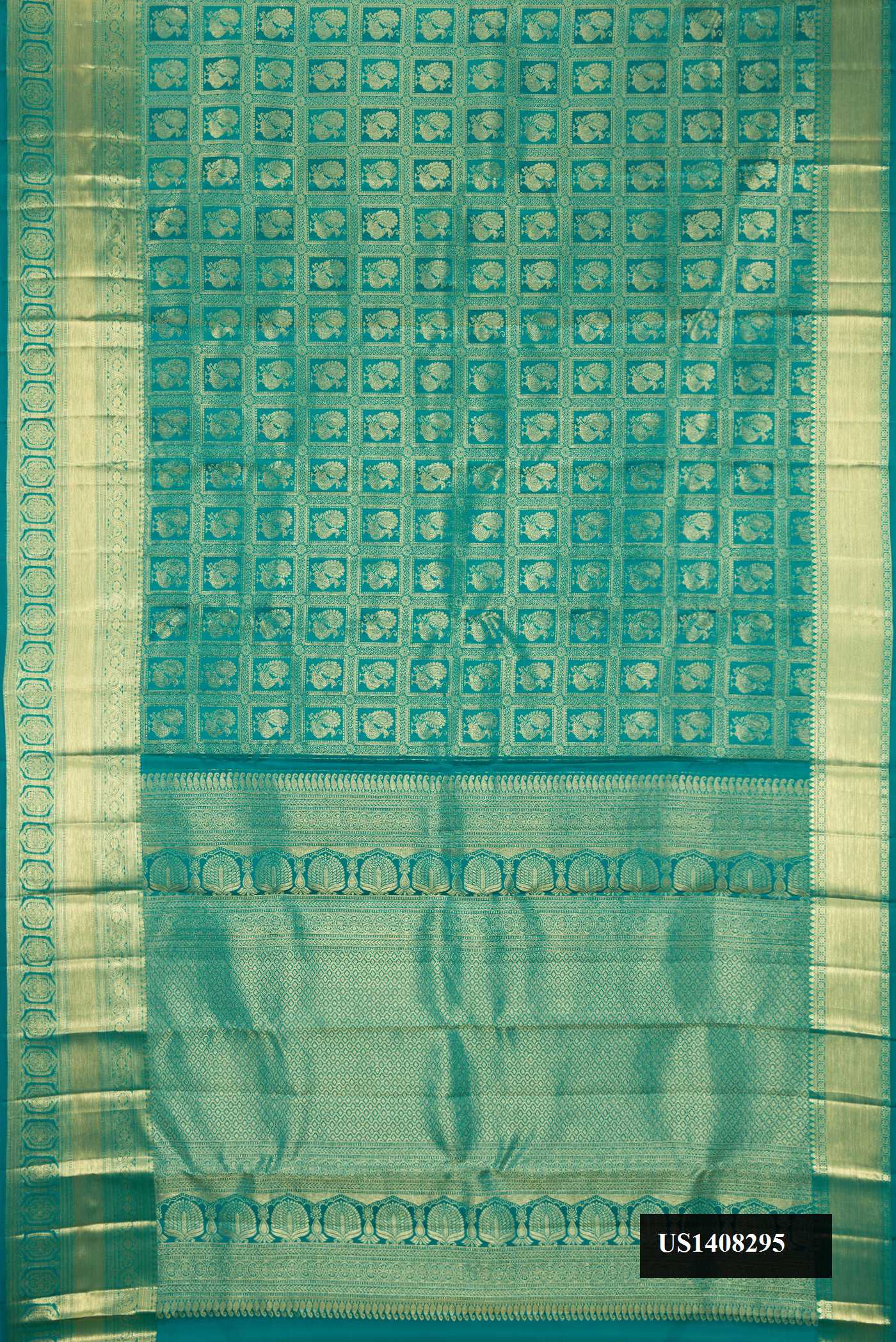Green Dual Tone Kanchipuram Silk Saree with Zari Brocade on the body and Zari Border.  displayed on a mannequin